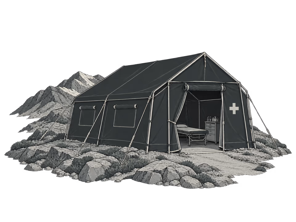 Ilustración de una carpa de atención médica sobre un terreno de montaña.