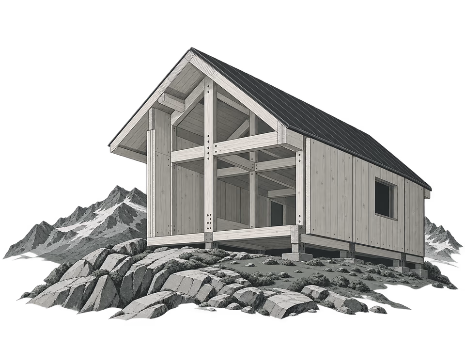 Ilustración de un refugio de madera en la montaña, con paneles y estructura a la vista.
